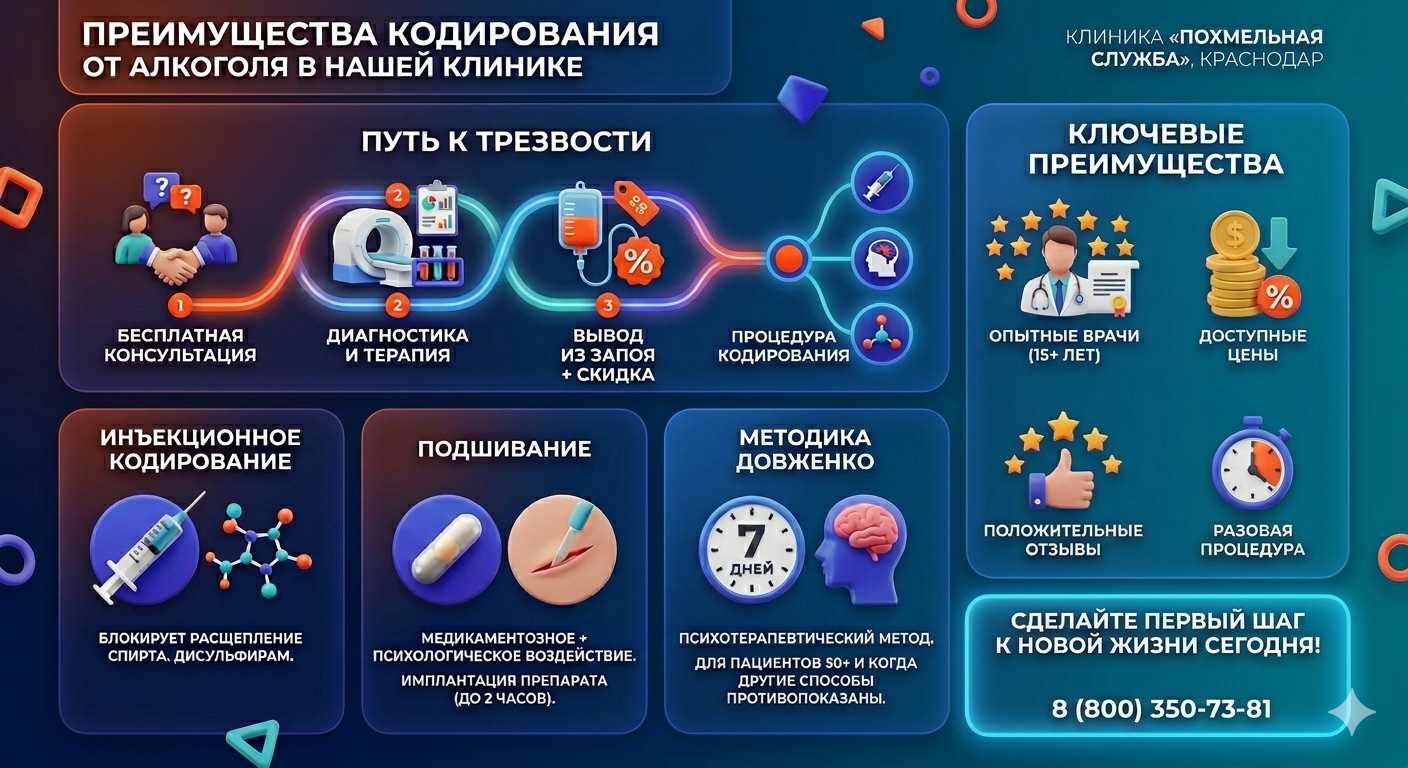 Инфографика о методах кодирования от алкоголя в Московском: инъекции, подшивание, метод Довженко. Преимущества клиники и этапы лечения.