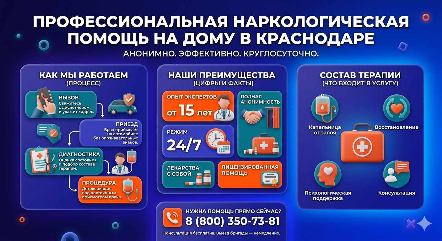 Инфографика о принципах лечения алкоголизма на дому в Московском: этапы вызова нарколога, преимущества анонимной детоксикации и состав медицинской помощи.